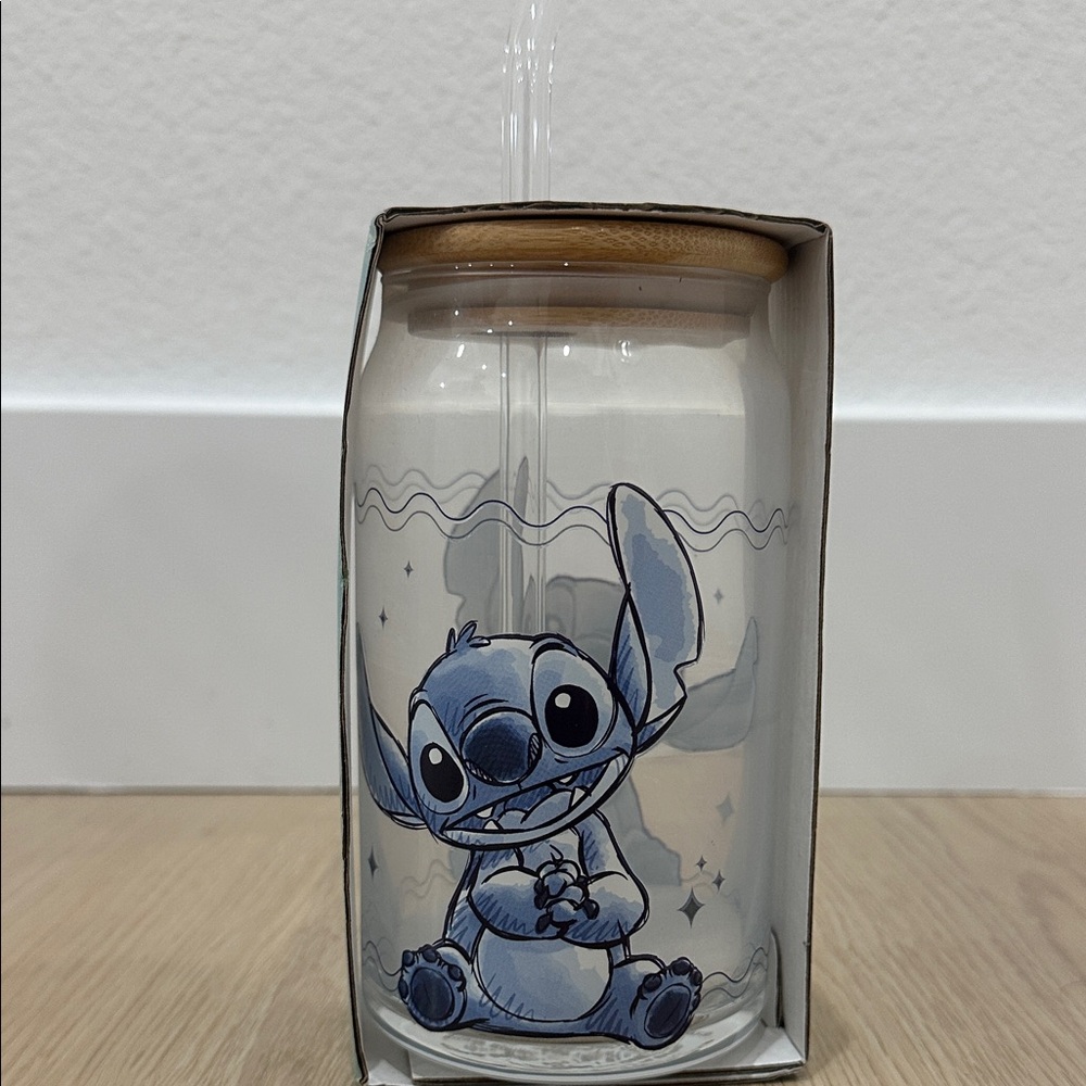 Disney Blue Stitch Glass Tumbler with Straw